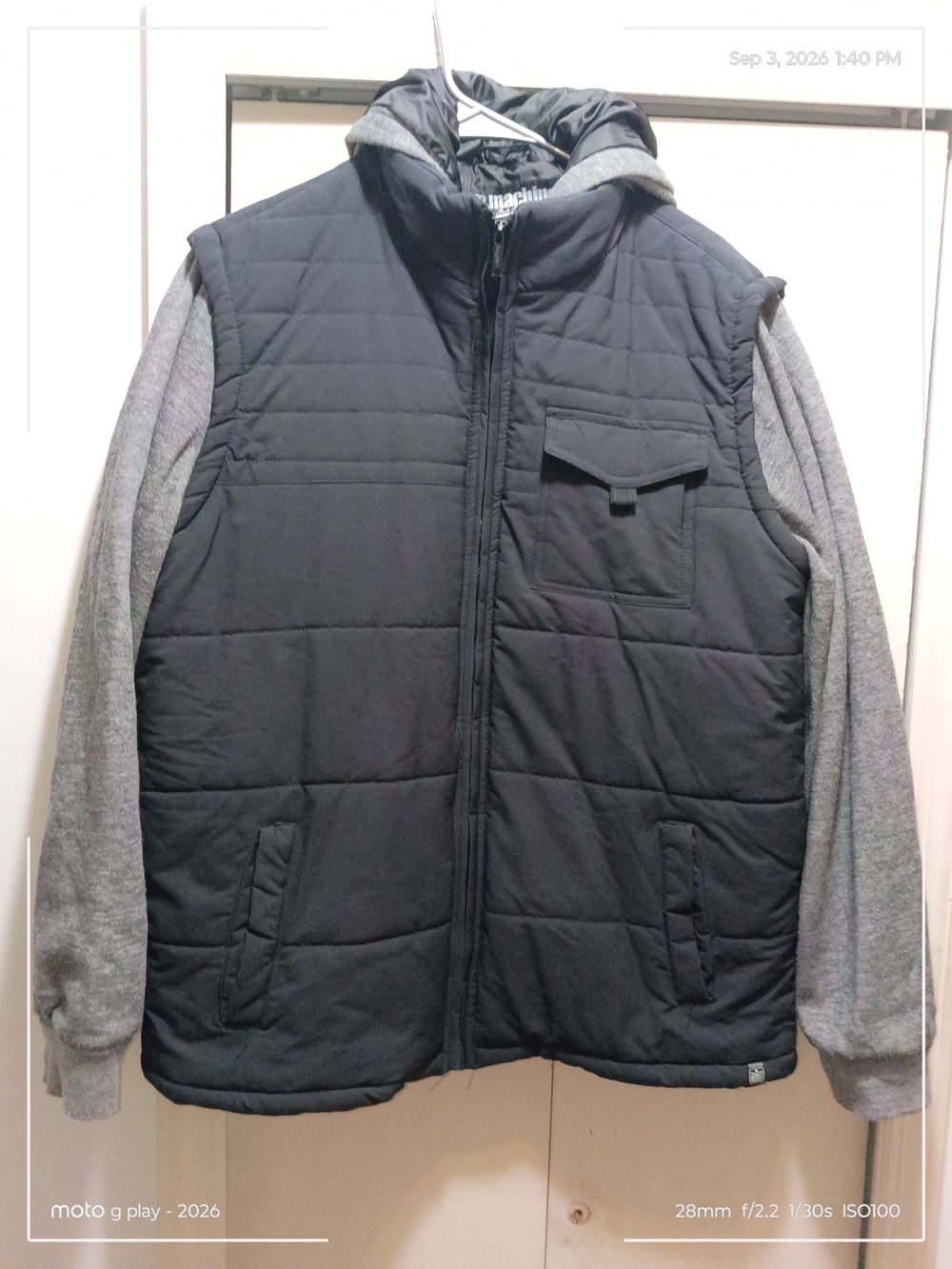 Machine Black Quilted Vest with Gray Hoodie Sleeves